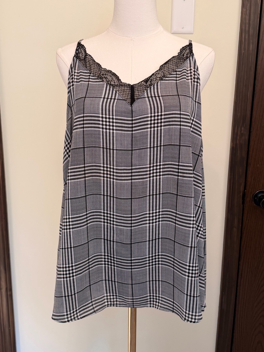 Est. 1946 Black & White Plaid Lace-Trim Cami Adjustable Straps